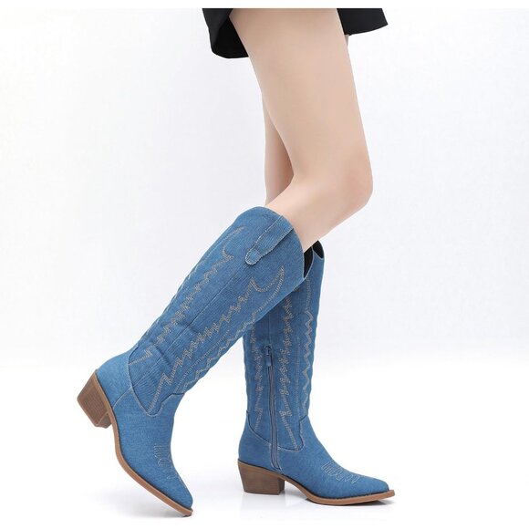 Women's Blue Knee High Long Pointed Toe With Zip Western Cowboy Boots - Picture 5 of 8